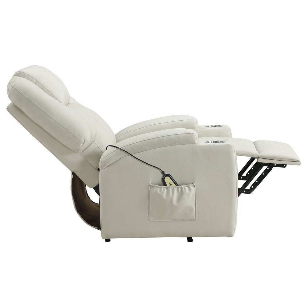 Benjara Stoy Power Lift Recliner Chair, Heat And Massage, Ivory Faux Leather