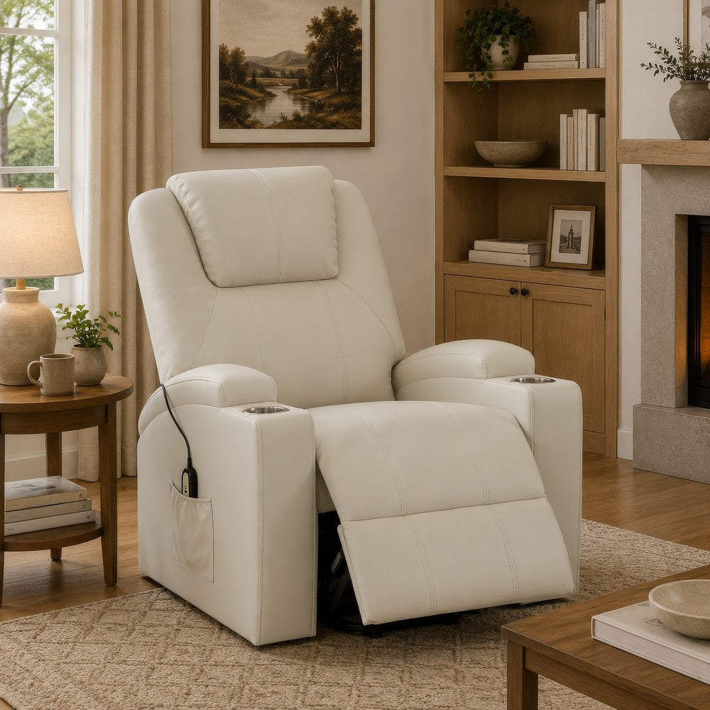 Benjara Stoy Power Lift Recliner Chair, Heat And Massage, Ivory Faux Leather