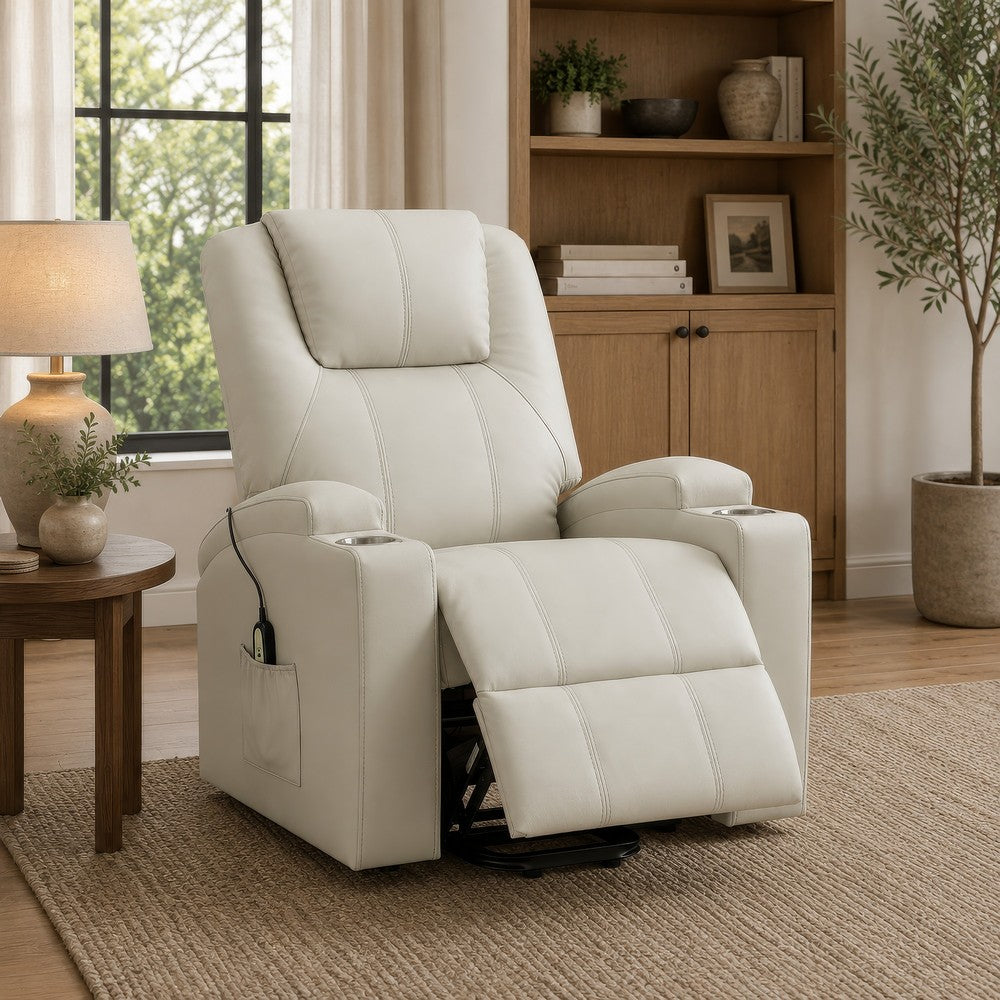 Benjara Stoy Power Lift Recliner Chair, Heat And Massage, Ivory Faux Leather
