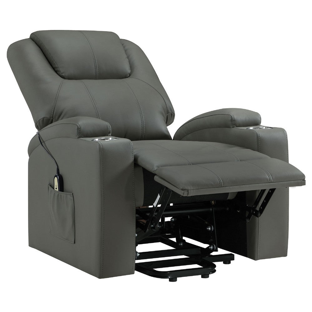 Benjara Stoy Power Lift Recliner Chair, Heat And Massage, Gray Faux Leather