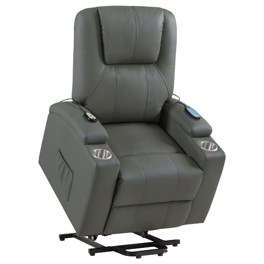 Benjara Stoy Power Lift Recliner Chair, Heat And Massage, Gray Faux Leather