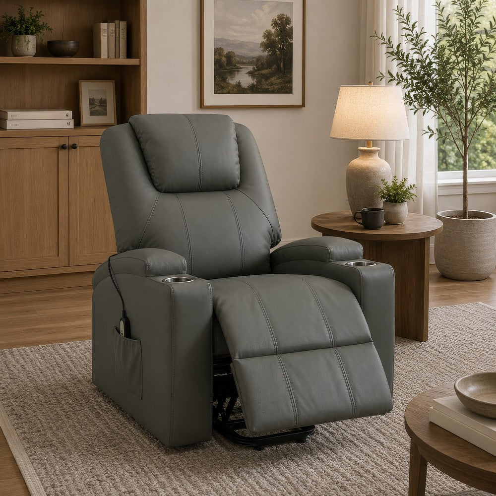 Benjara Stoy Power Lift Recliner Chair, Heat And Massage, Gray Faux Leather