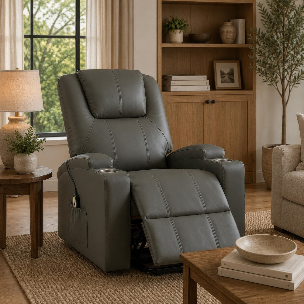 Benjara Stoy Power Lift Recliner Chair, Heat And Massage, Gray Faux Leather
