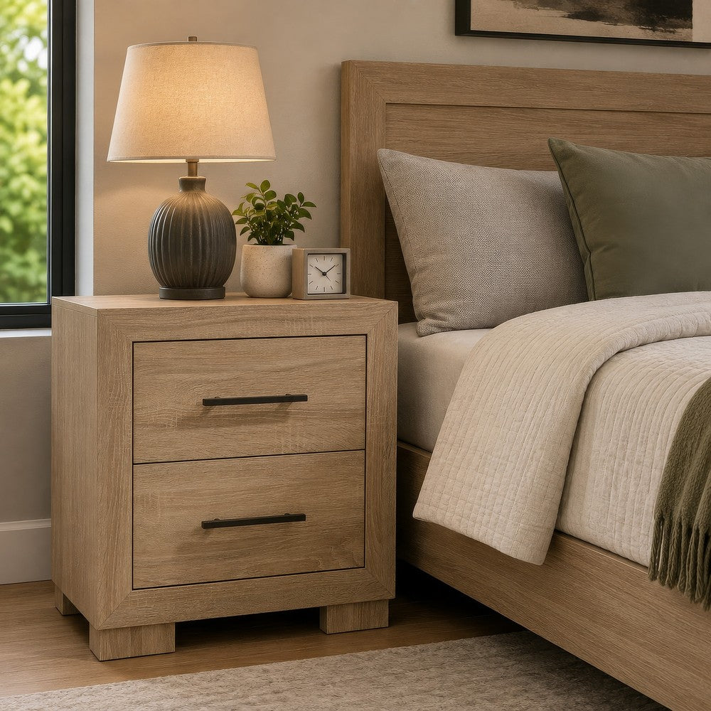 Benjara Poxy Nightstand, 2 Drawers And Hidden Casters, Oak Brown, 25 Inch