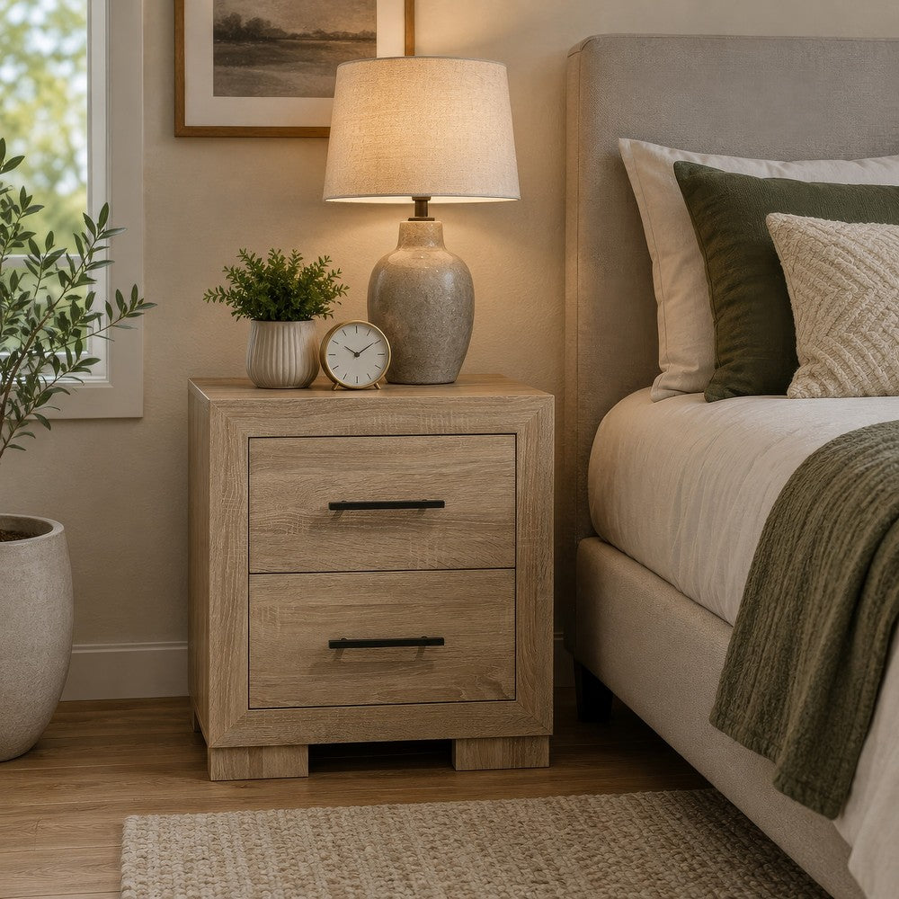 Benjara Poxy Nightstand, 2 Drawers And Hidden Casters, Oak Brown, 25 Inch