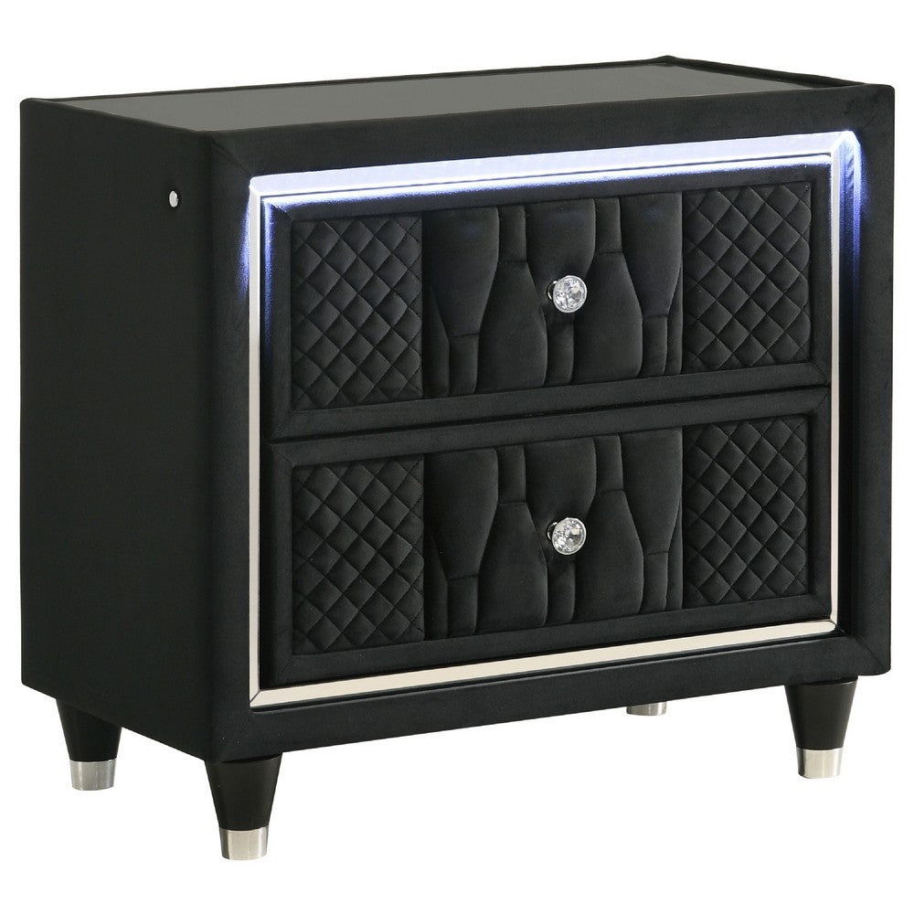 Benjara Maren Nightstand with 2 LED Drawers, USB Port, Black Velvet 28 Inch