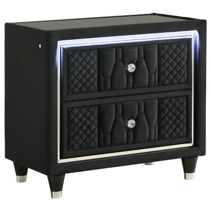 Benjara Maren Nightstand with 2 LED Drawers, USB Port, Black Velvet 28 Inch