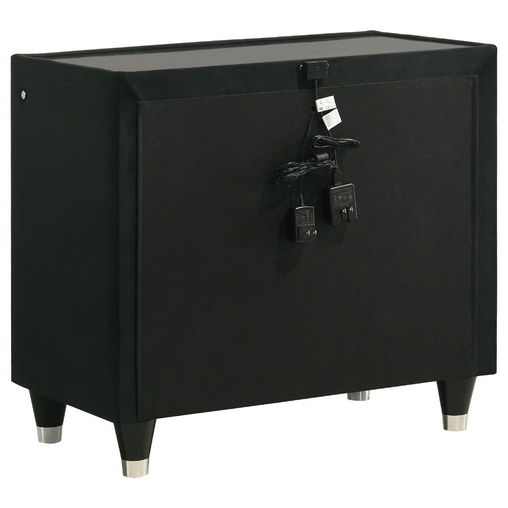 Benjara Maren Nightstand with 2 LED Drawers, USB Port, Black Velvet 28 Inch