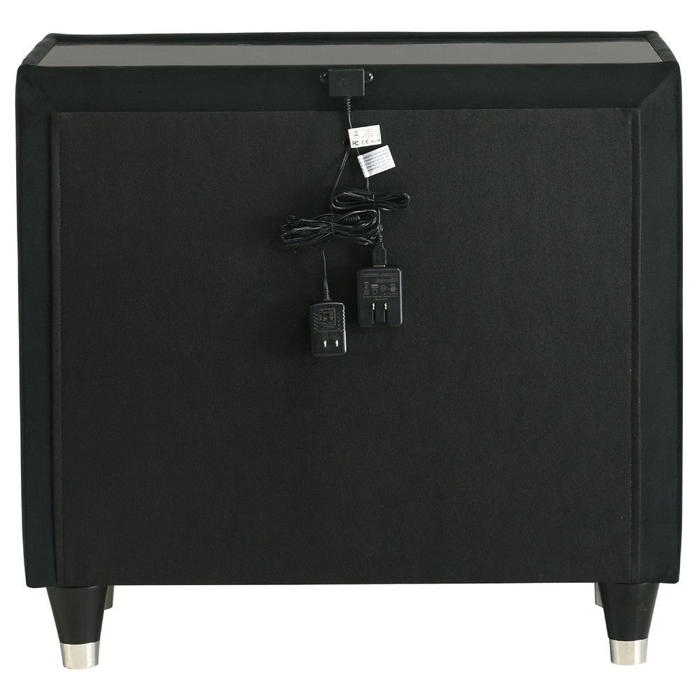 Benjara Maren Nightstand with 2 LED Drawers, USB Port, Black Velvet 28 Inch