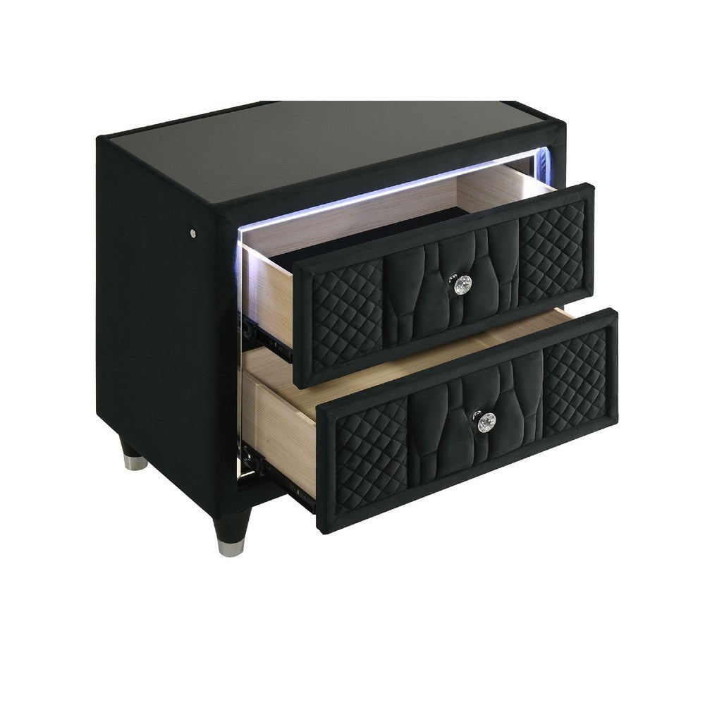 Benjara Maren Nightstand with 2 LED Drawers, USB Port, Black Velvet 28 Inch