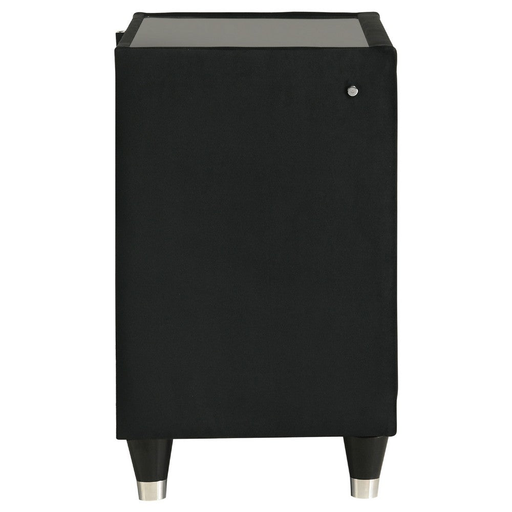 Benjara Maren Nightstand with 2 LED Drawers, USB Port, Black Velvet 28 Inch