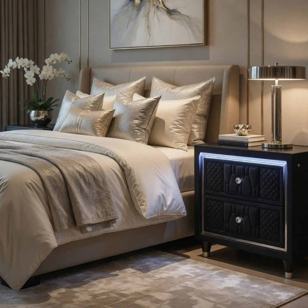 Benjara Maren Nightstand with 2 LED Drawers, USB Port, Black Velvet 28 Inch
