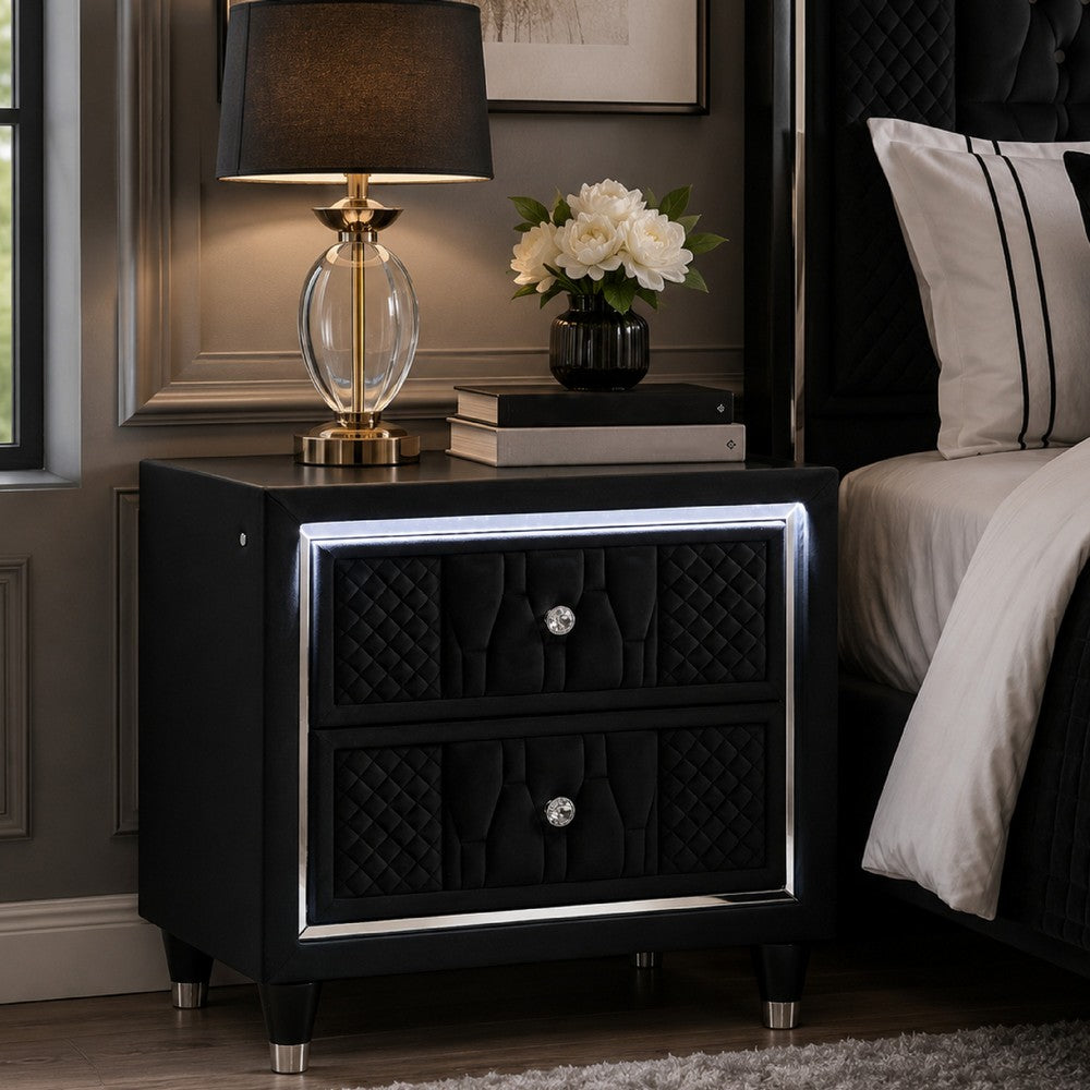 Benjara Maren Nightstand with 2 LED Drawers, USB Port, Black Velvet 28 Inch