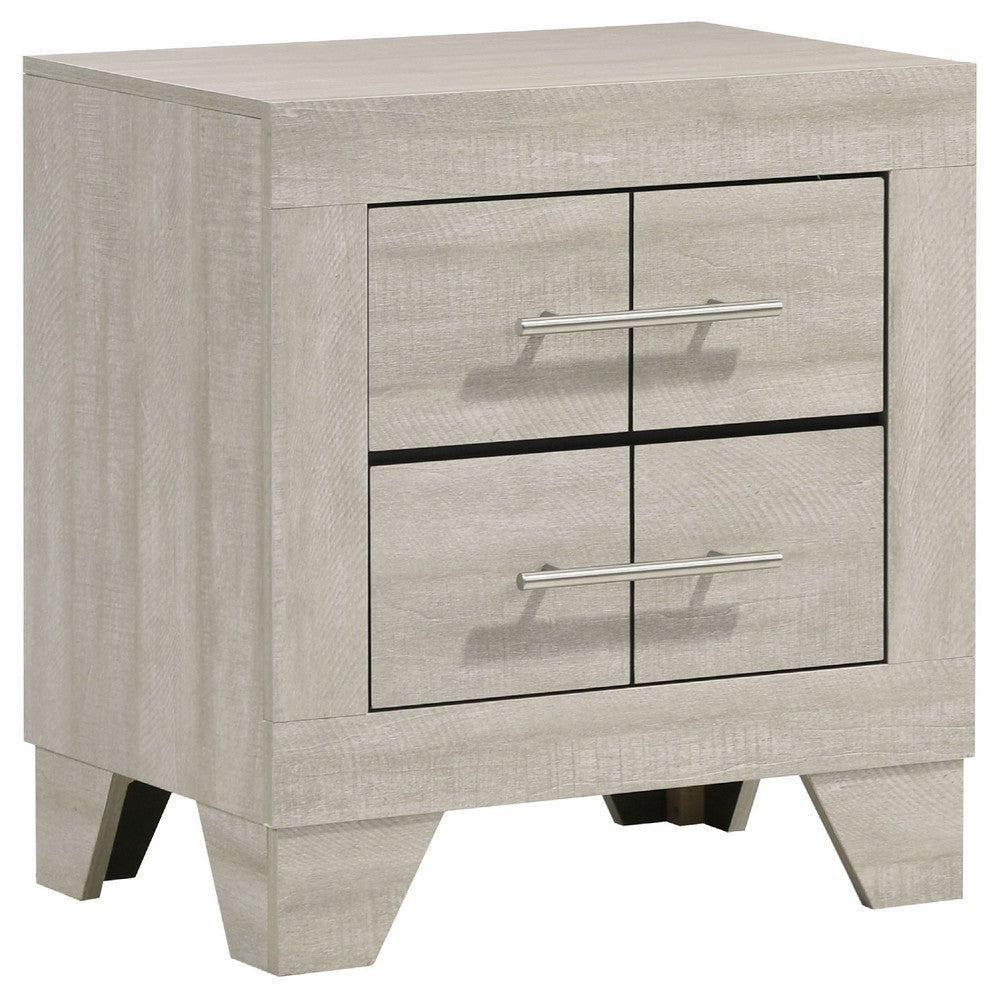 Benjara Qanto Rustic Nightstand with 2 Drawers, Chrome Handles, Cream Wood