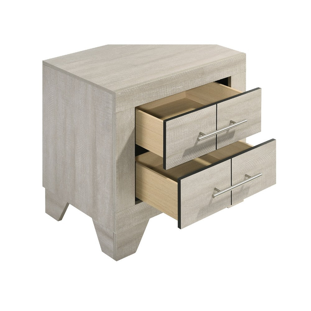 Benjara Qanto Rustic Nightstand with 2 Drawers, Chrome Handles, Cream Wood