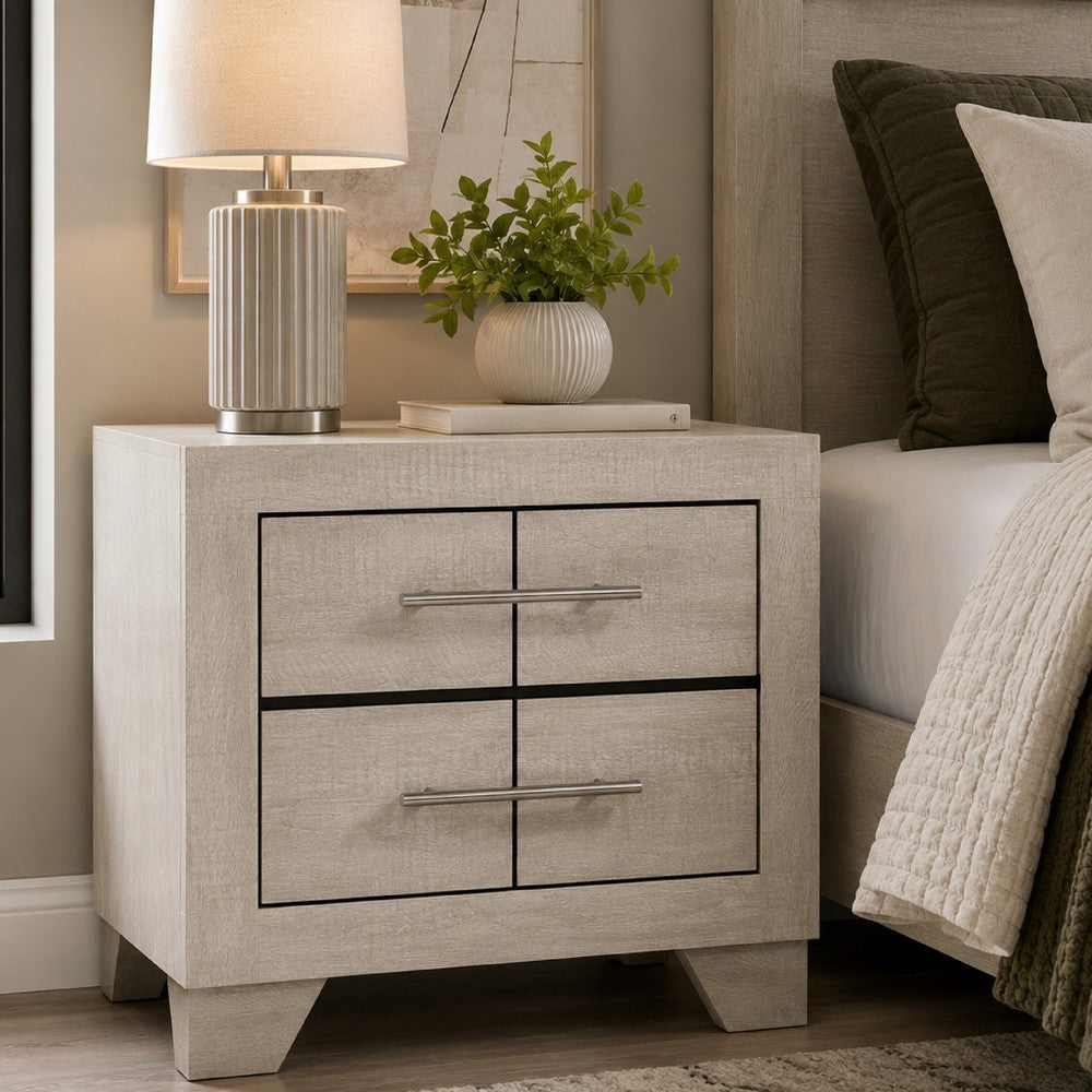 Benjara Qanto Rustic Nightstand with 2 Drawers, Chrome Handles, Cream Wood