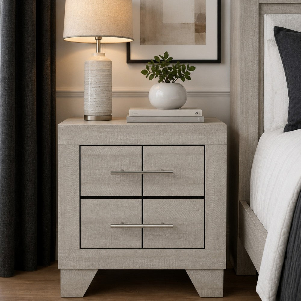 Benjara Qanto Rustic Nightstand with 2 Drawers, Chrome Handles, Cream Wood