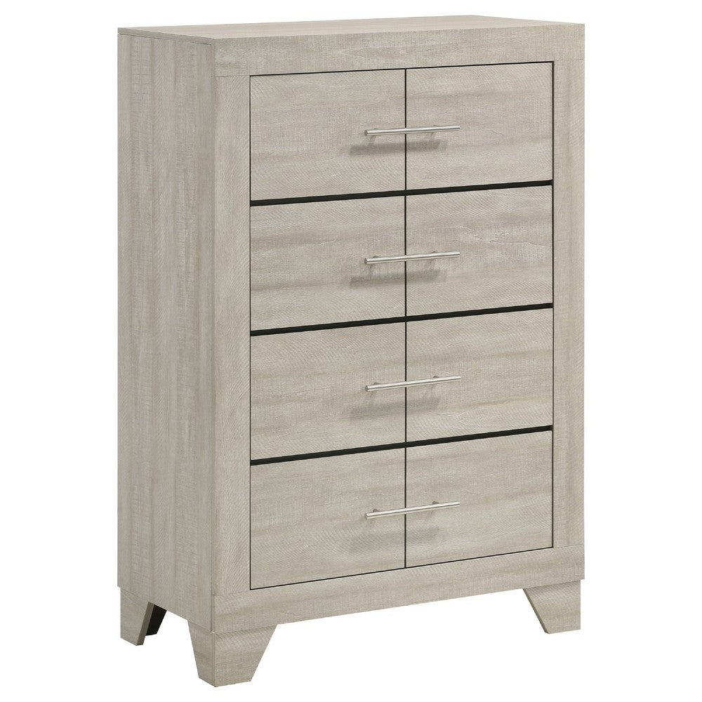 Benjara Qanto Tall Dresser Chest, 4 Drawers, Nickel Metal, Rustic Cream Wood