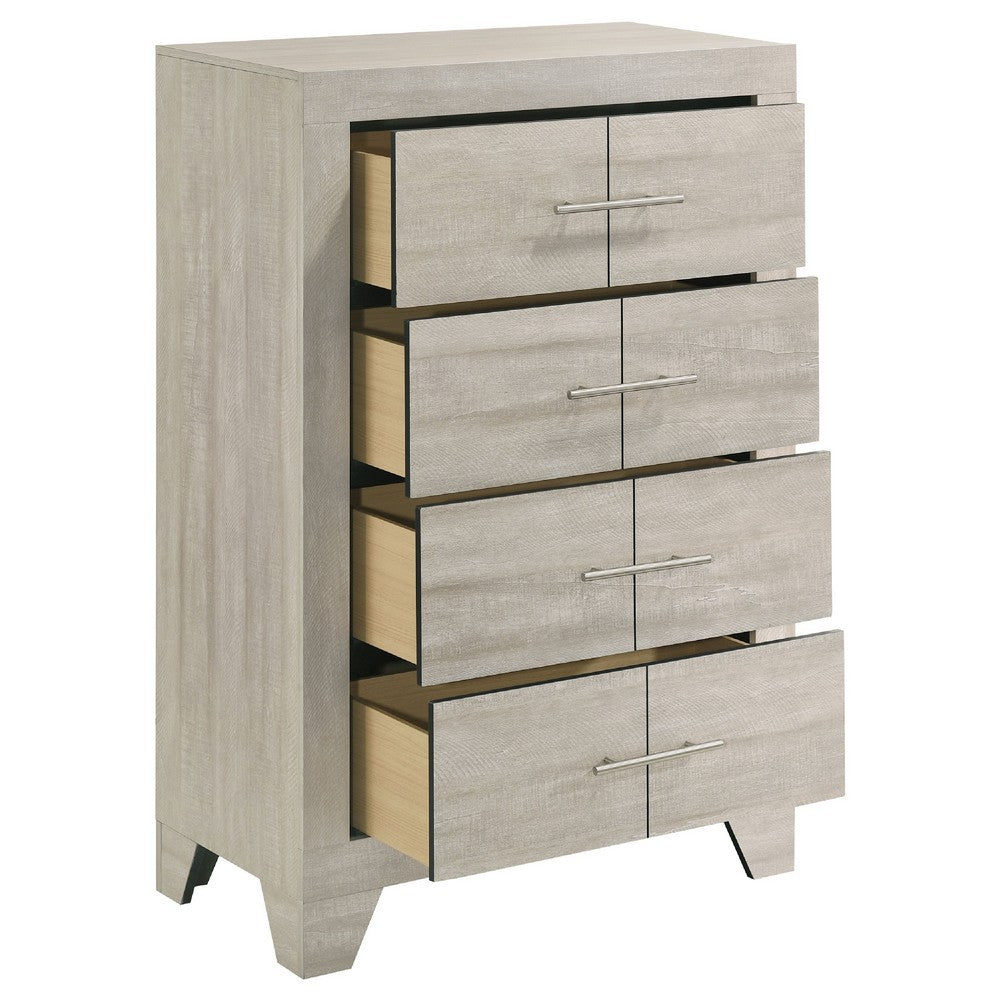 Benjara Qanto Tall Dresser Chest, 4 Drawers, Nickel Metal, Rustic Cream Wood