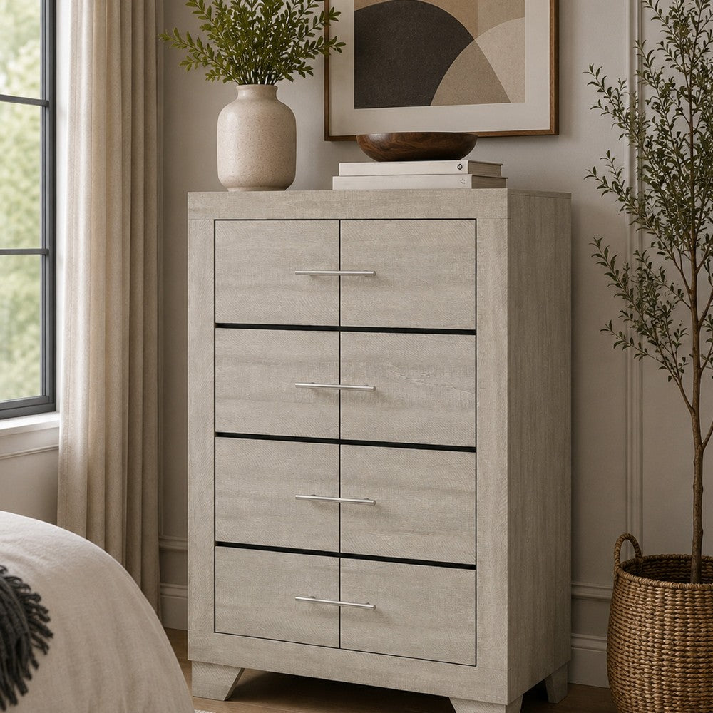 Benjara Qanto Tall Dresser Chest, 4 Drawers, Nickel Metal, Rustic Cream Wood