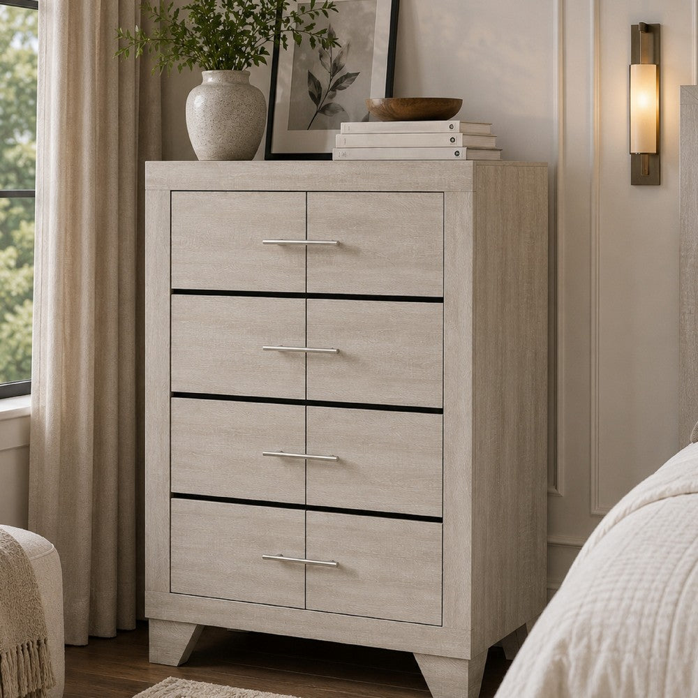 Benjara Qanto Tall Dresser Chest, 4 Drawers, Nickel Metal, Rustic Cream Wood