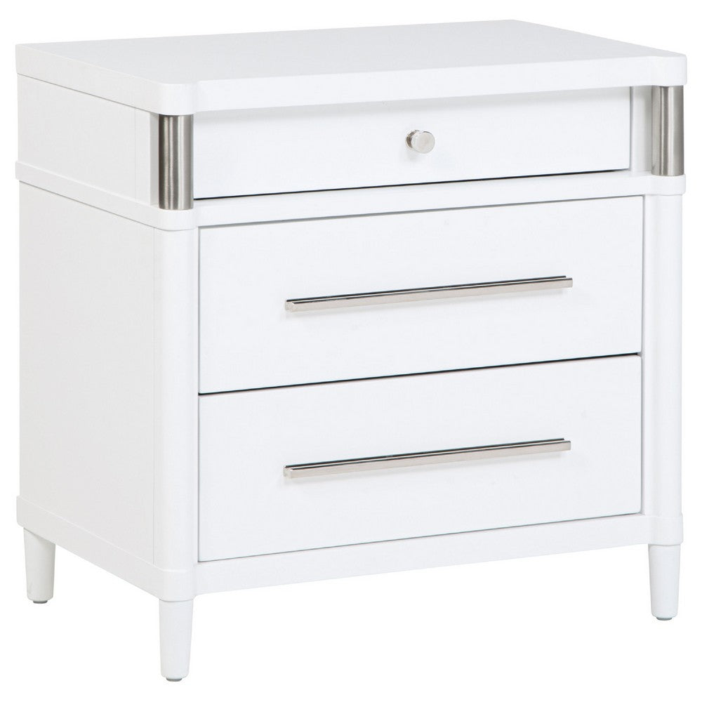 Benjara Ruvie Nightstand with 3 Drawers, Metal Post Accent, White Wood 26 Inch