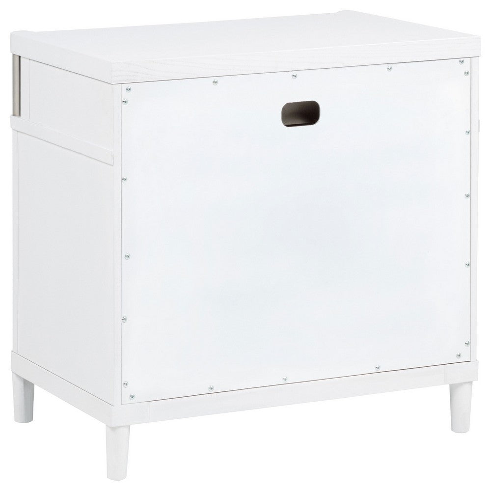 Benjara Ruvie Nightstand with 3 Drawers, Metal Post Accent, White Wood 26 Inch