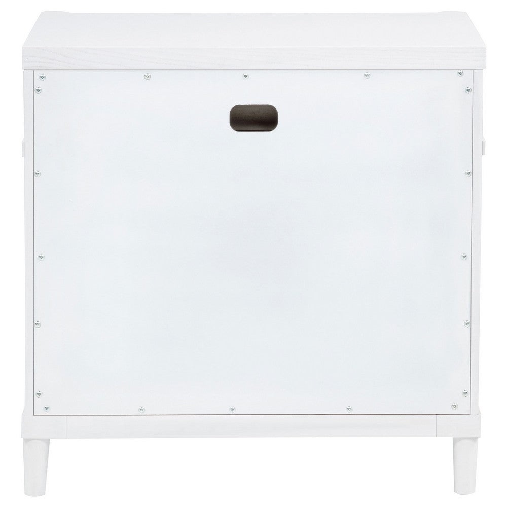 Benjara Ruvie Nightstand with 3 Drawers, Metal Post Accent, White Wood 26 Inch