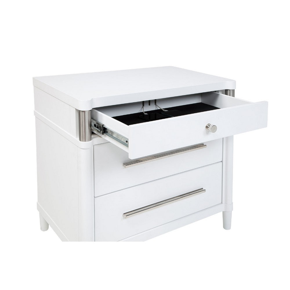 Benjara Ruvie Nightstand with 3 Drawers, Metal Post Accent, White Wood 26 Inch
