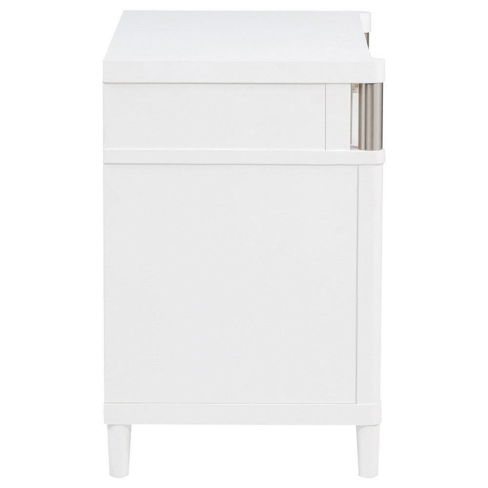 Benjara Ruvie Nightstand with 3 Drawers, Metal Post Accent, White Wood 26 Inch