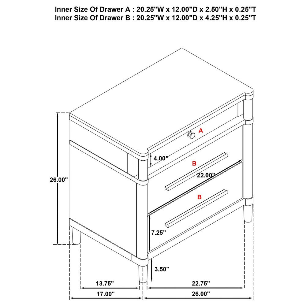 Benjara Ruvie Nightstand with 3 Drawers, Metal Post Accent, White Wood 26 Inch