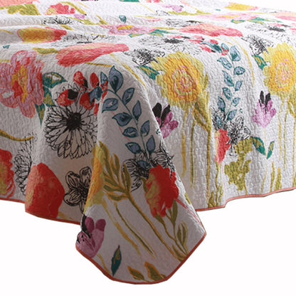 Benjara 3 Piece Cotton King Size Quilt Set with Stencil Flower Print, Multicolor