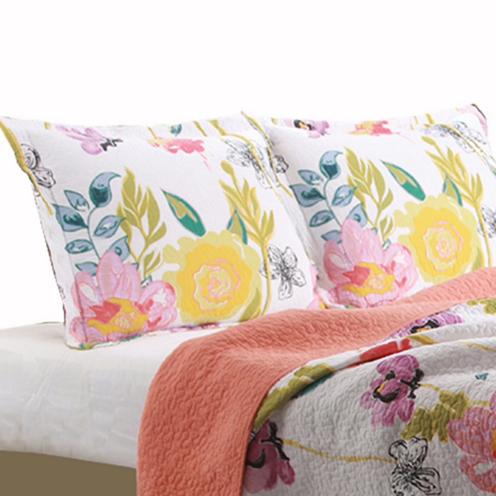 Benjara 3 Piece Cotton King Size Quilt Set with Stencil Flower Print, Multicolor