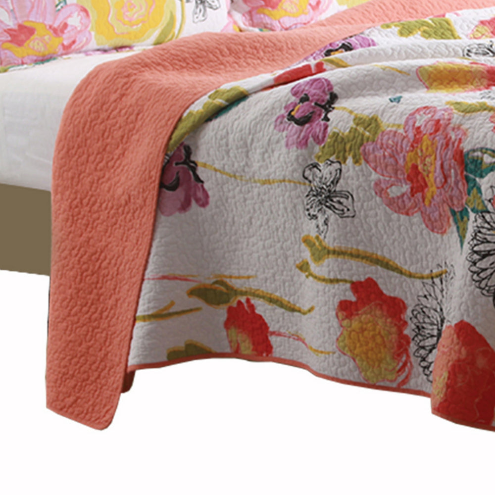 Benjara 3 Piece Cotton King Size Quilt Set with Stencil Flower Print, Multicolor