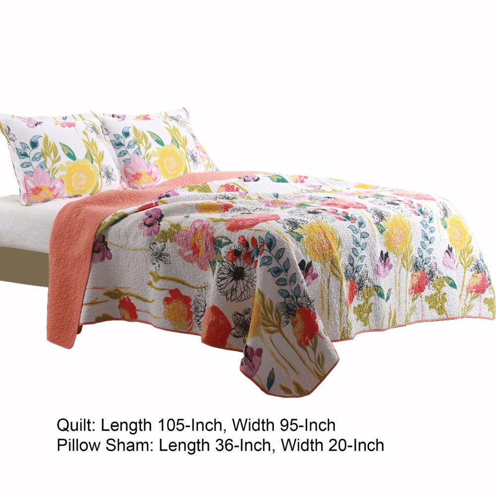 Benjara 3 Piece Cotton King Size Quilt Set with Stencil Flower Print, Multicolor