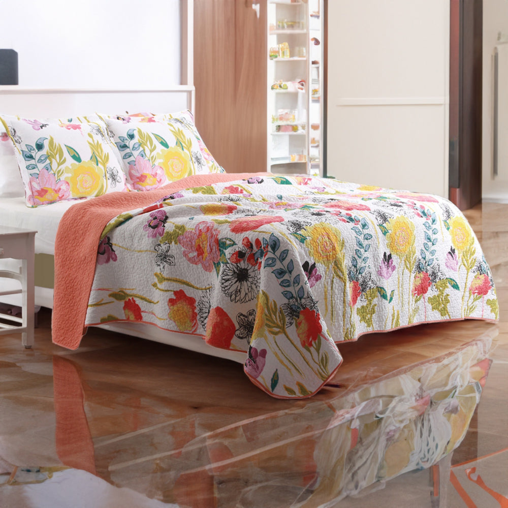 Benjara 3 Piece Cotton King Size Quilt Set with Stencil Flower Print, Multicolor