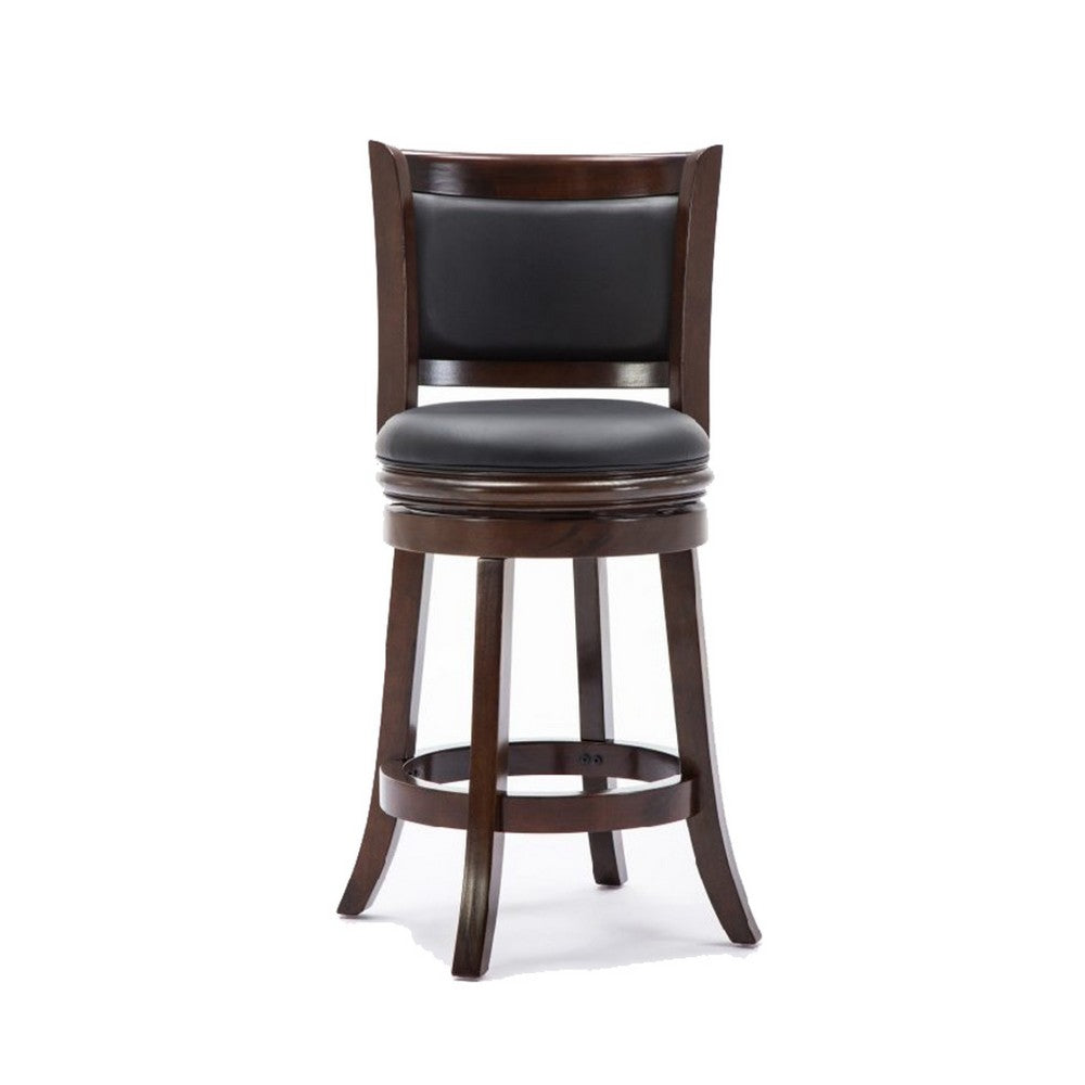 Benjara Round Wooden Swivel Counter Stool with Padded Seat And Back, Dark Brown