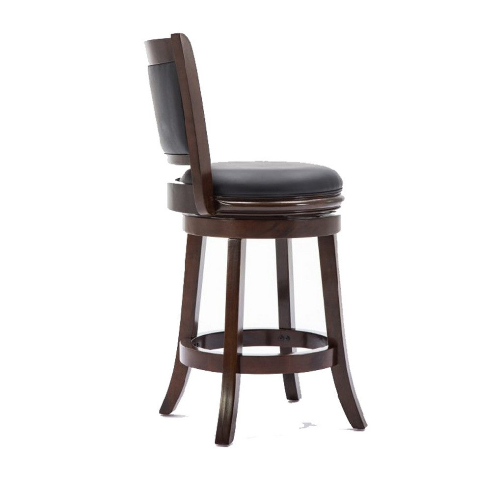 Benjara Round Wooden Swivel Counter Stool with Padded Seat And Back, Dark Brown