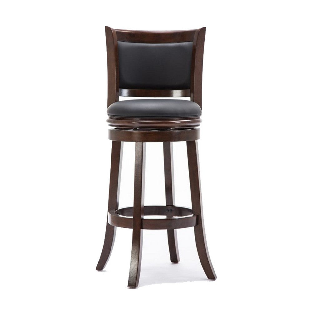Benjara Round Wooden Swivel Barstool with Padded Seat And Back, Dark Brown