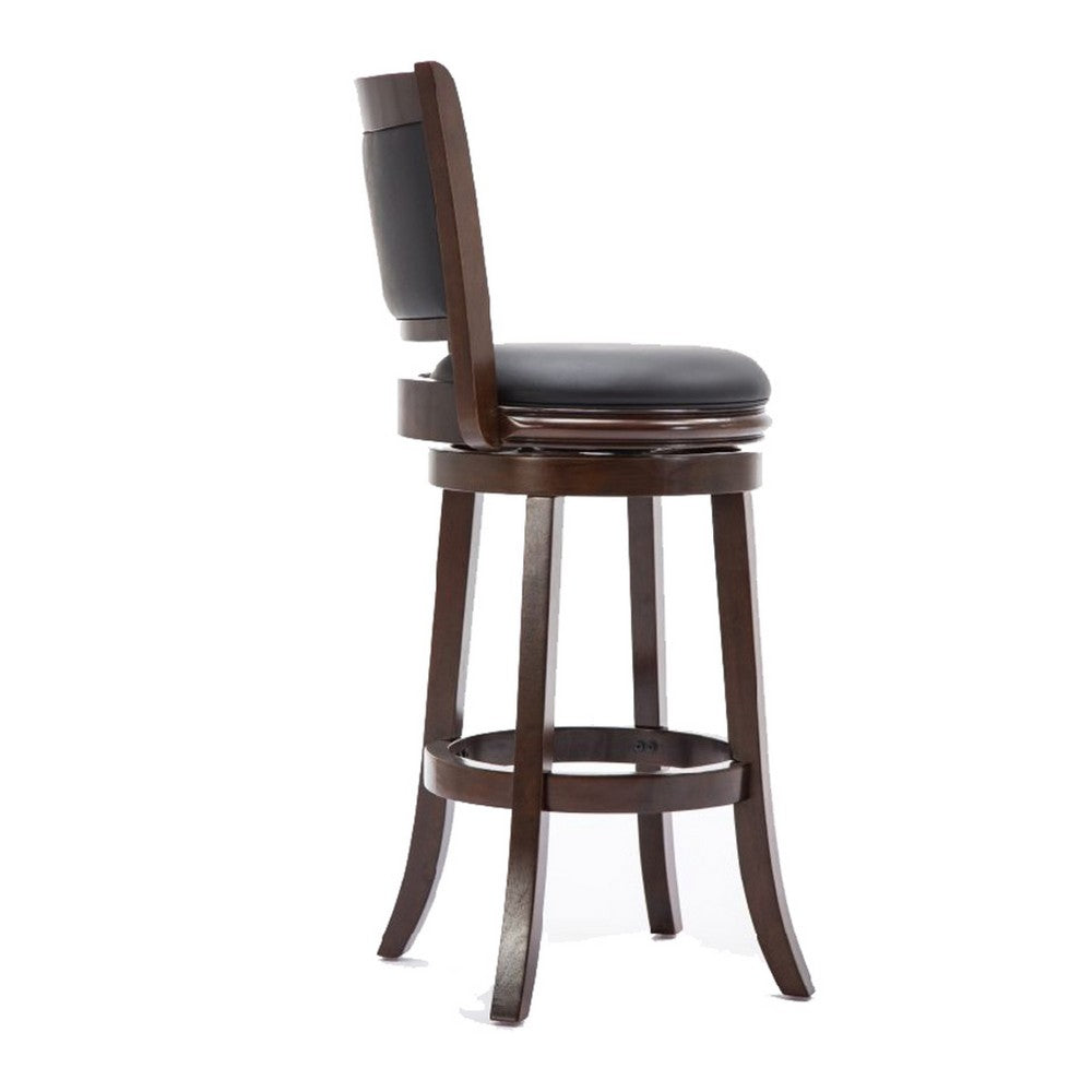 Benjara Round Wooden Swivel Barstool with Padded Seat And Back, Dark Brown