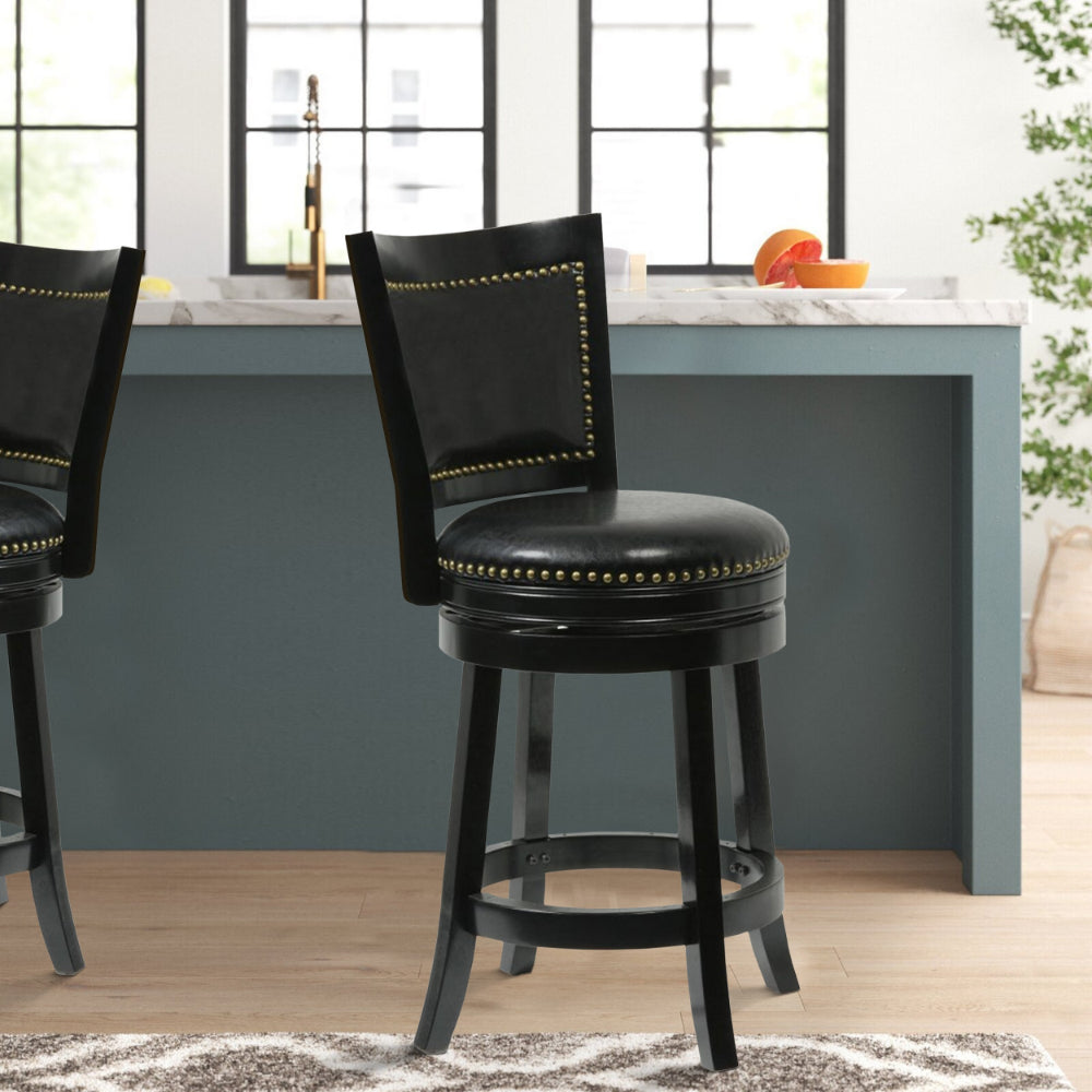 Benjara Nailhead Trim Round Leatherette Counter Stool with Flared Legs, Black