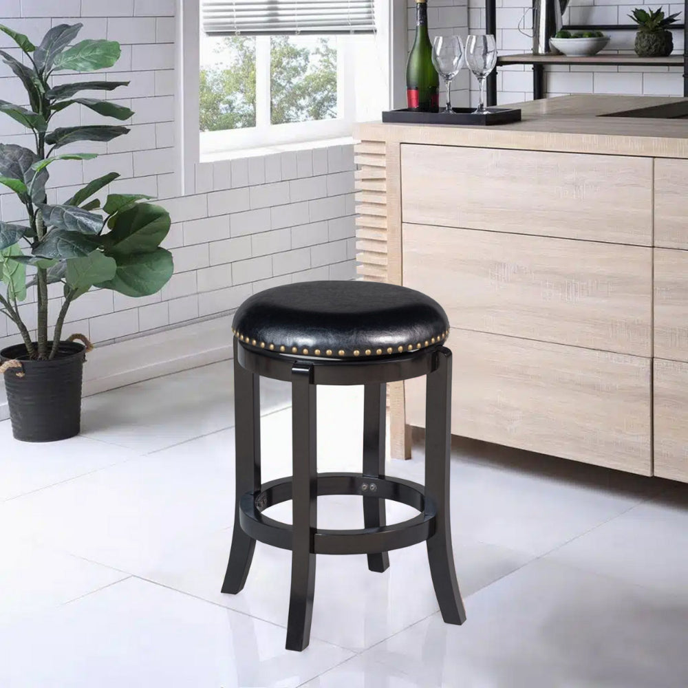 Benjara Nailhead Trim Round Leatherette Swivel Counter Stool with Flared Leg, Black
