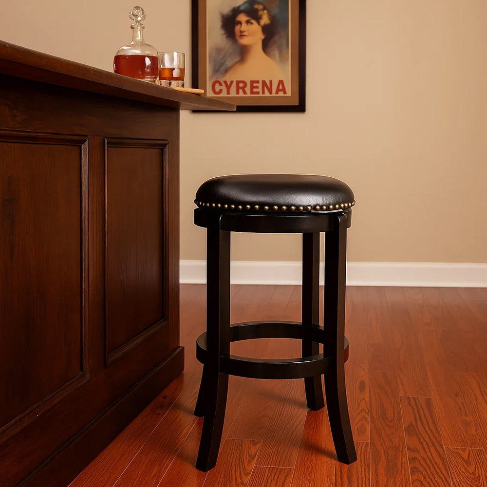 Benjara Nailhead Trim Round Leatherette Swivel Counter Stool with Flared Leg, Black