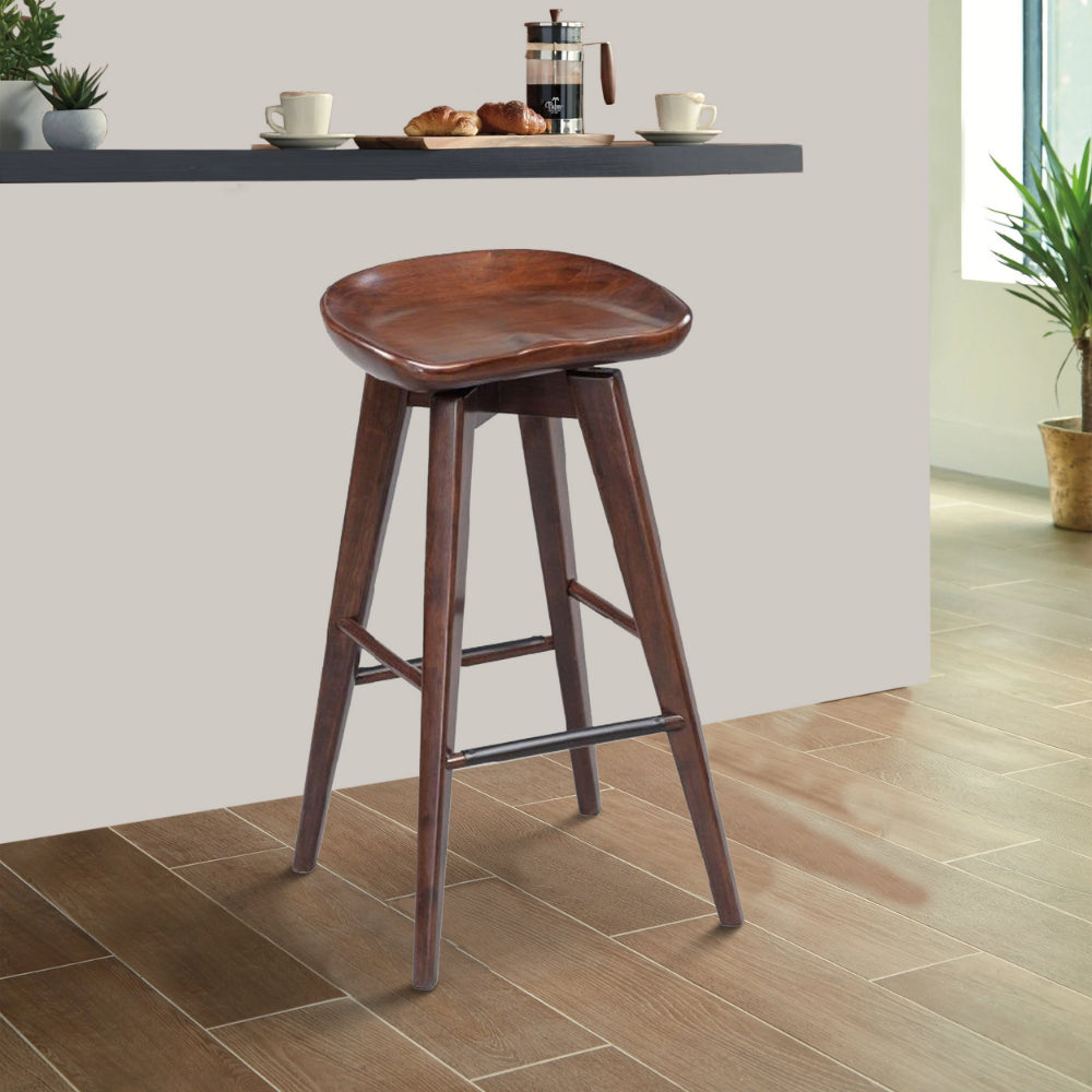 Benjara Contoured Seat Wooden Frame Swivel Barstool with Angled Legs, Dark Brown