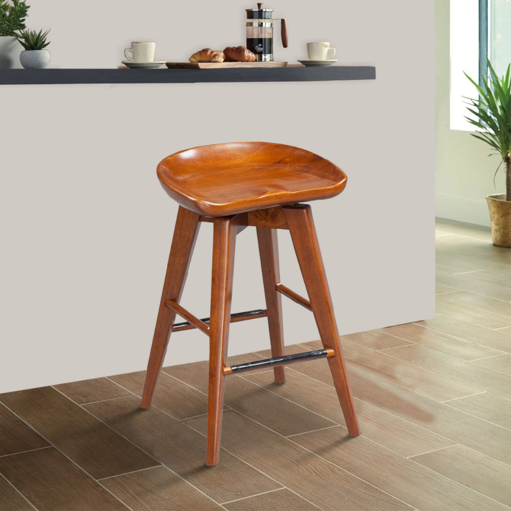 Benjara Contoured Seat Wooden Swivel Counter Stool with Angled Legs, Walnut Brown