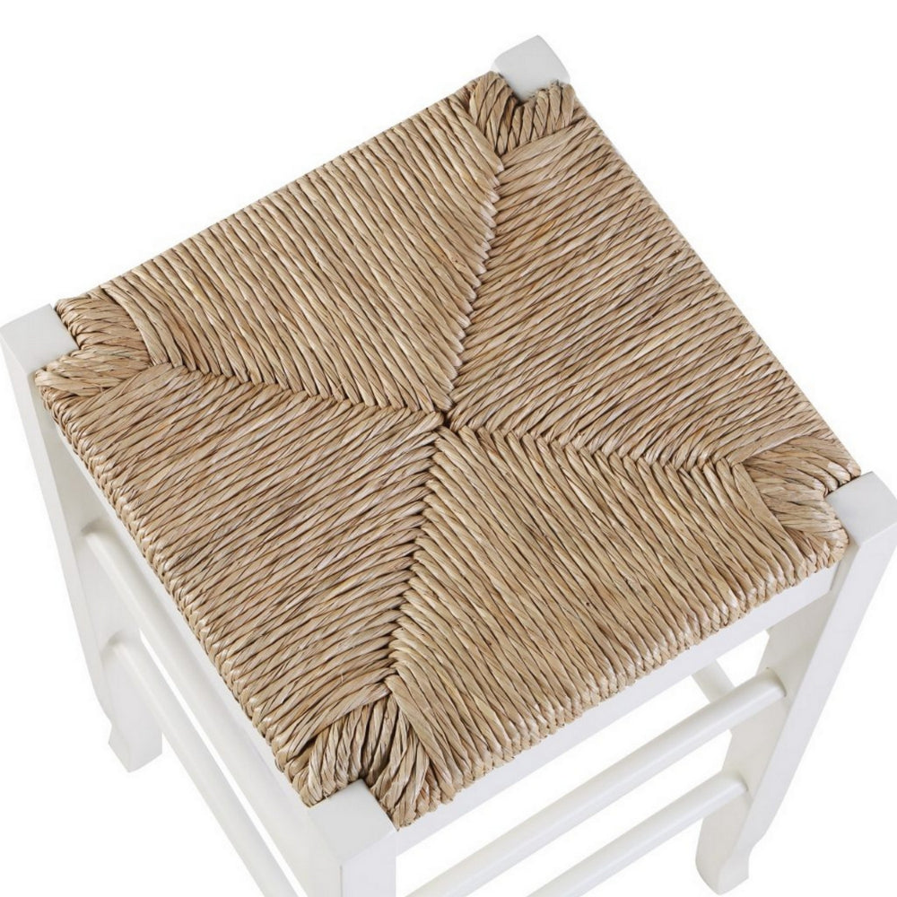Benjara Square Wooden Frame Counter Stool with Hand Woven Rush, Ivory And Brown