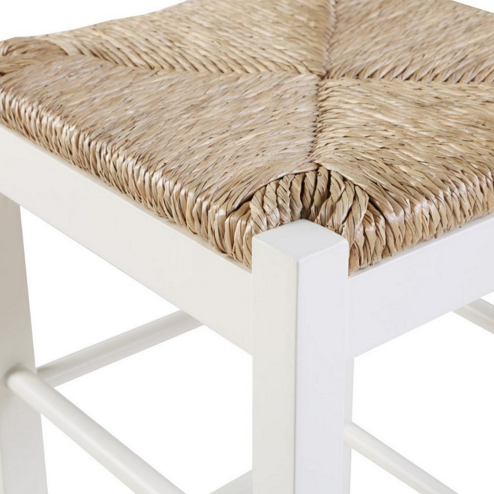 Benjara Square Wooden Frame Counter Stool with Hand Woven Rush, Ivory And Brown