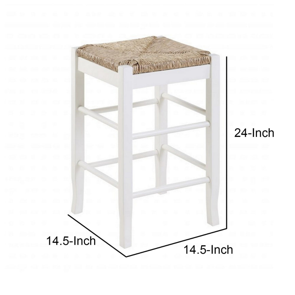 Benjara Square Wooden Frame Counter Stool with Hand Woven Rush, Ivory And Brown