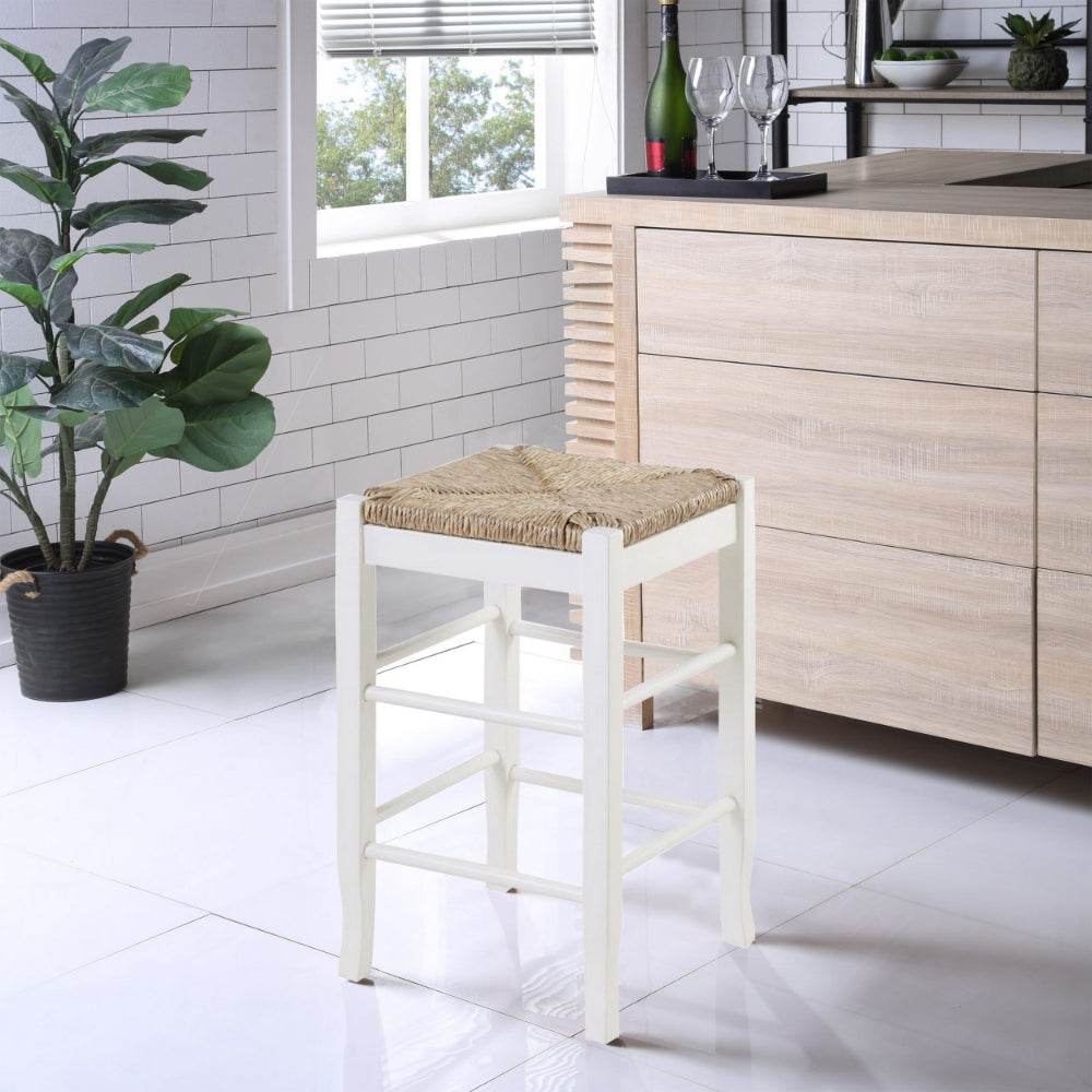 Benjara Square Wooden Frame Counter Stool with Hand Woven Rush, Ivory And Brown