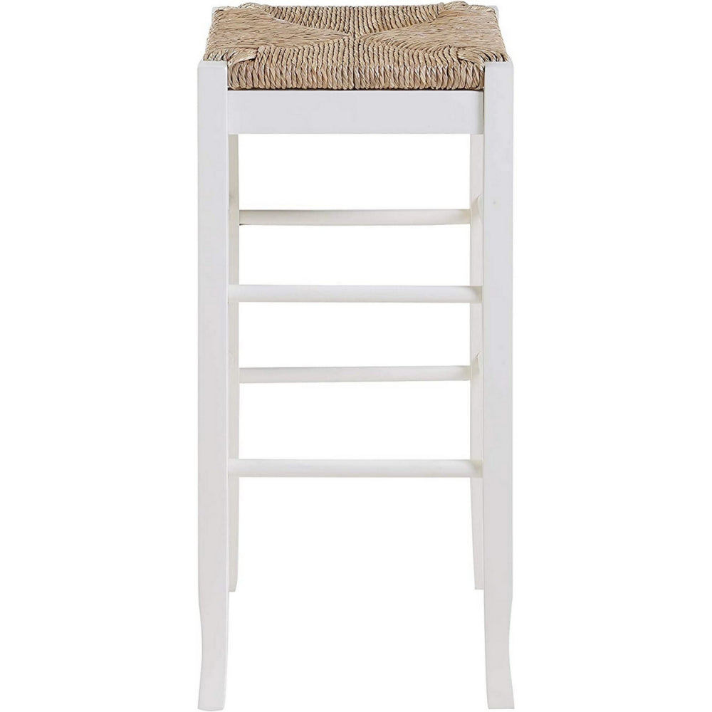 Benjara Square Wooden Frame Barstool with Hand Woven Rush, White And Brown